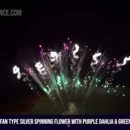 110 shots fan type silver spinning flower with purple dahlia & green strobe bouquet -12 seconds