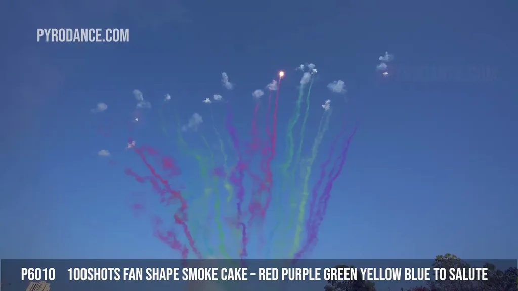 100Shots Fan Shape Smoke Cake – Red Purple Green Yellow Blue to Salute