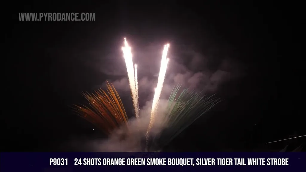 100 Shots Orange Green Smoke Bouquet, Silver Tiger Tail White Strobe — Professional Cake