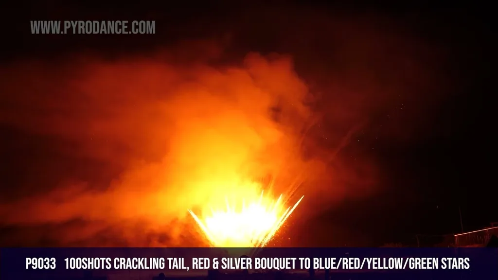 100Shots Crackling Tail, Red & Silver Bouquet to Blue/Red/Yellow/Green Stars — Professional Cake