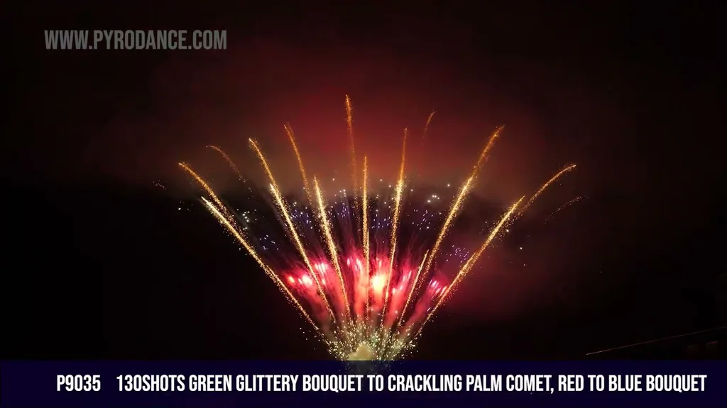 130Shots Green Glittery Bouquet to Crackling Palm Comet, Red to Blue Bouquet — Professional Cake