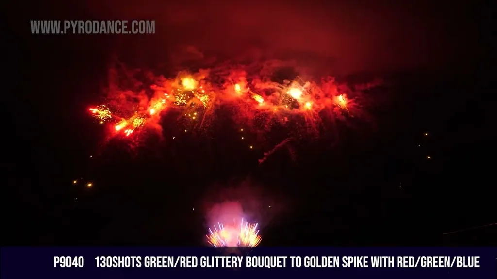 130Shots Green/Red Glittery Bouquet to Golden Spike With Red/Green/Blue — Professional Cake