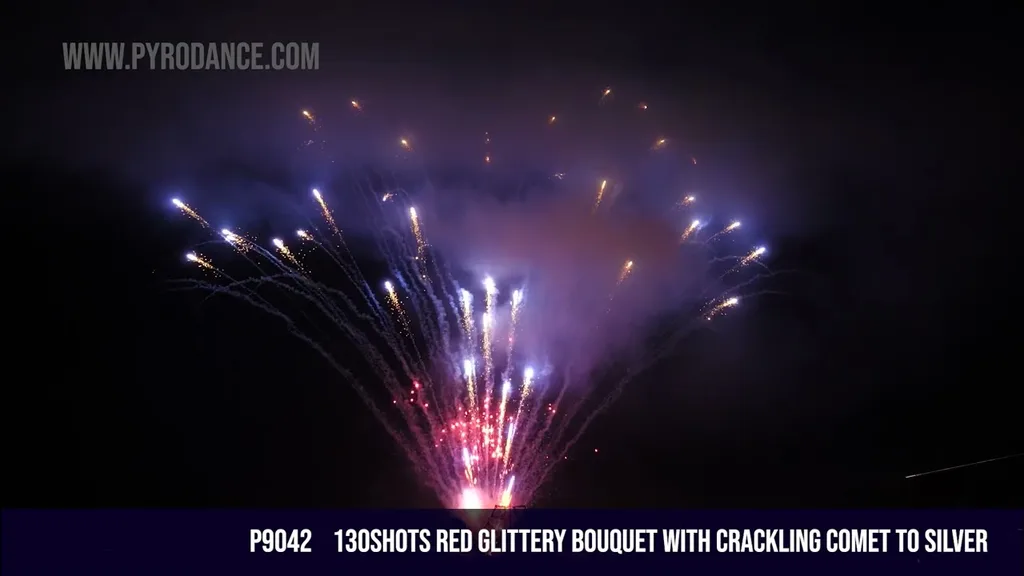 130Shots Red Glittery Bouquet with Crackling Comet to Silver — Professional Cake