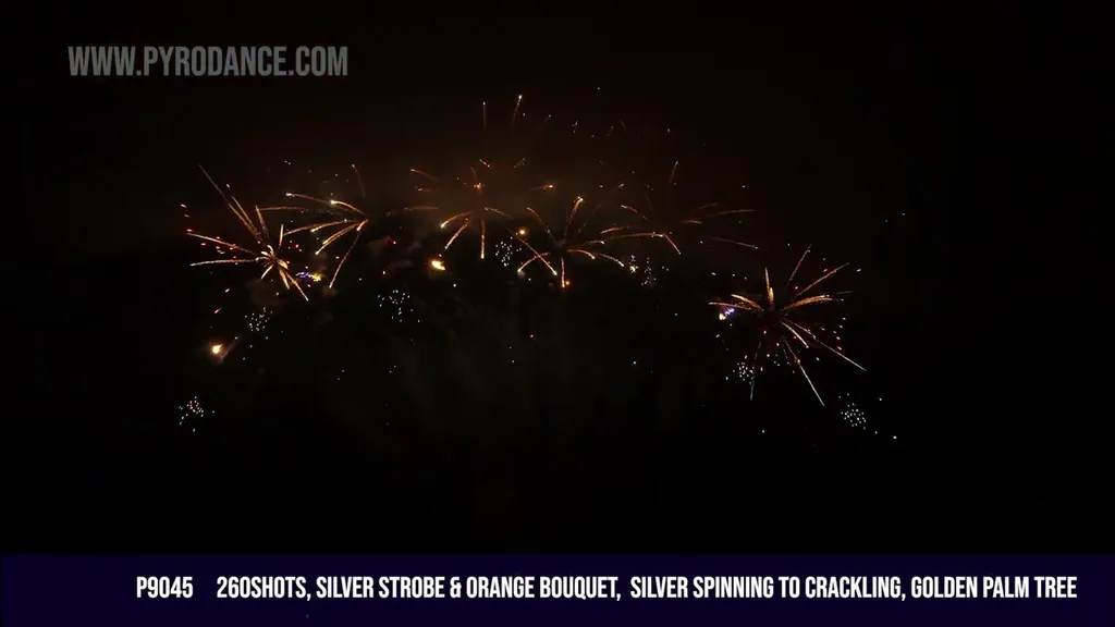 260Shots, Silver Strobe & Orange Bouquet, Silver Spinning to Crackling, Golden Palm Tree — Professional Cake