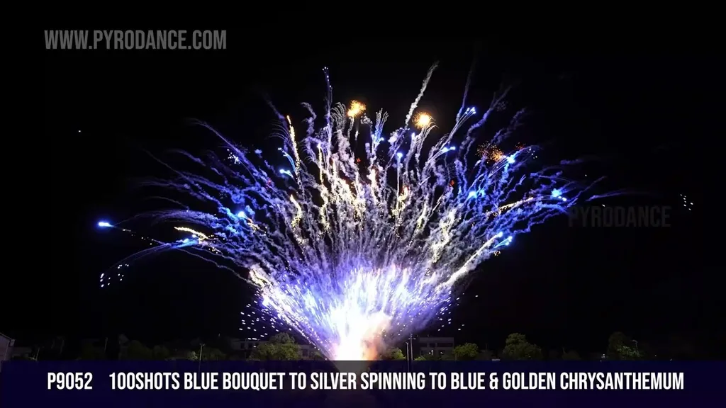 100Shots Blue bouquet to silver spinning to blue with golden chrysanthemum — Professional Cake