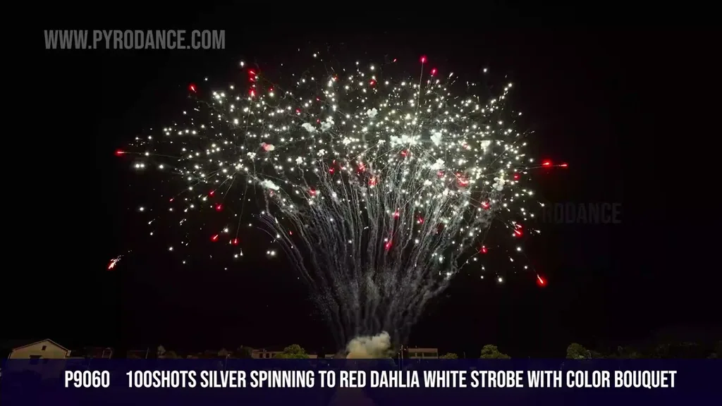 100Shots Silver spinning to red dahlia white strobe with Red green blue bouquet — Professional Cake