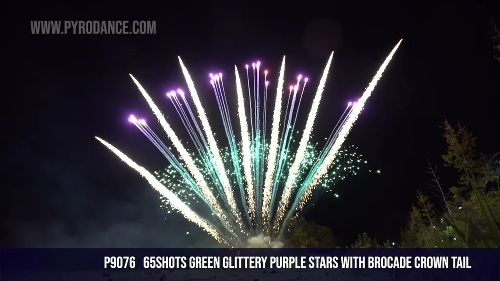65Shots Green glittery purple stars with brocade crown tail — Professional Cake