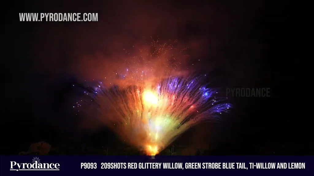 209Shots Red glittery willow, green strobe blue tail, Ti-willow and lemon — Professional Cake