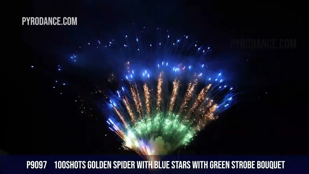 100Shots Golden spider with blue stars with green strobe bouquet — Professional Cake