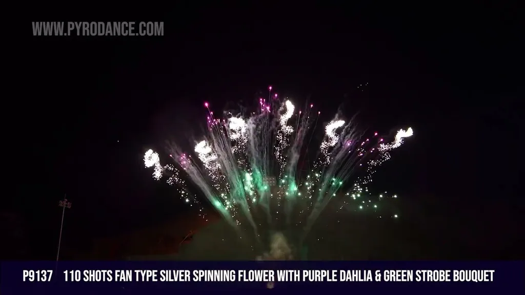 110 shots fan type silver spinning flower with purple dahlia & green strobe bouquet -12 seconds — Professional Cake